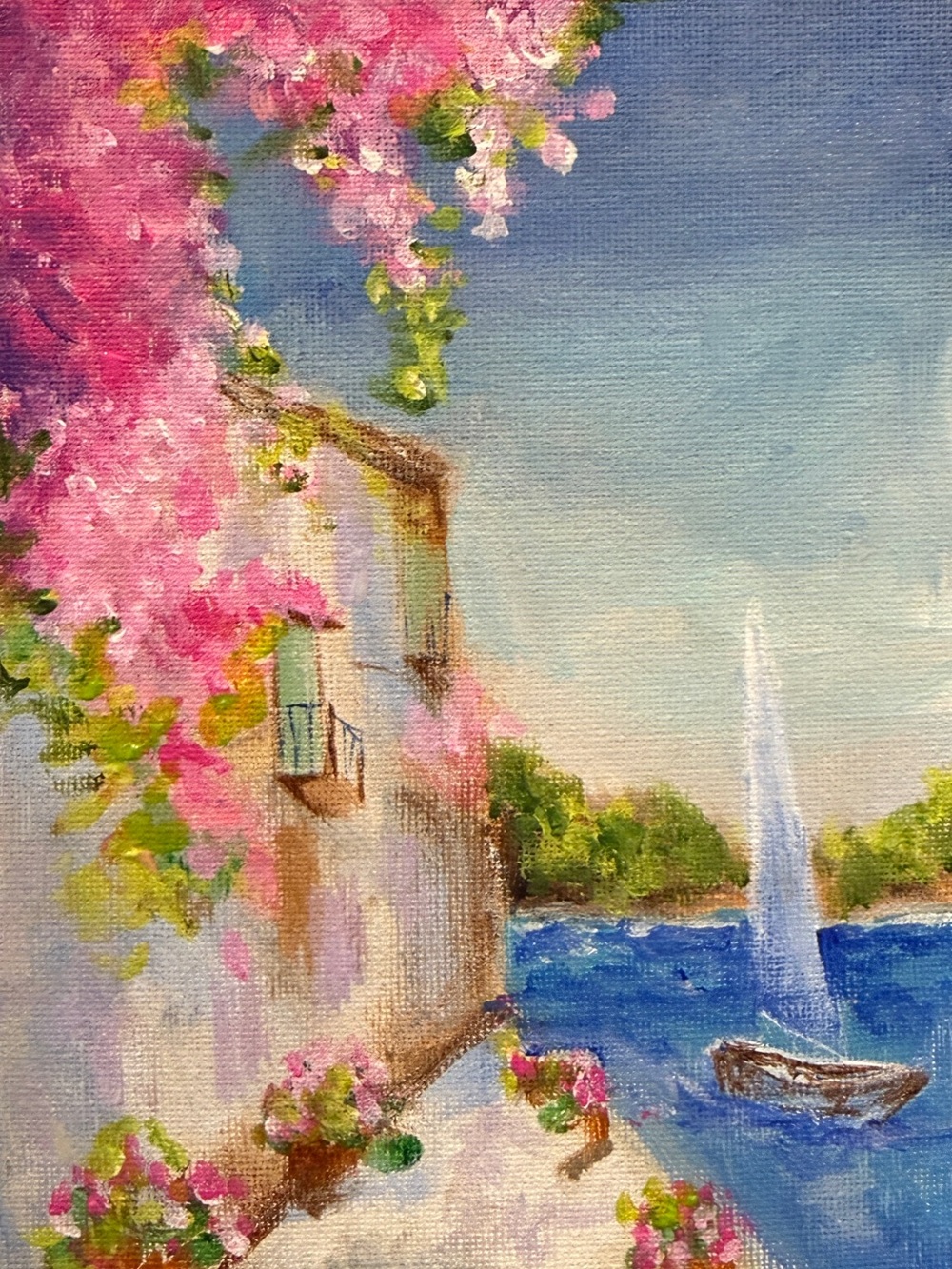 Pink Floral Mediterranean Seascape Canvas Painting
